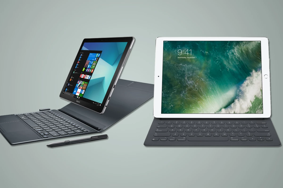 Comparing the features and specs of two laptop-replacing tablets, the new Samsung Galaxy Book and the iPad Pro