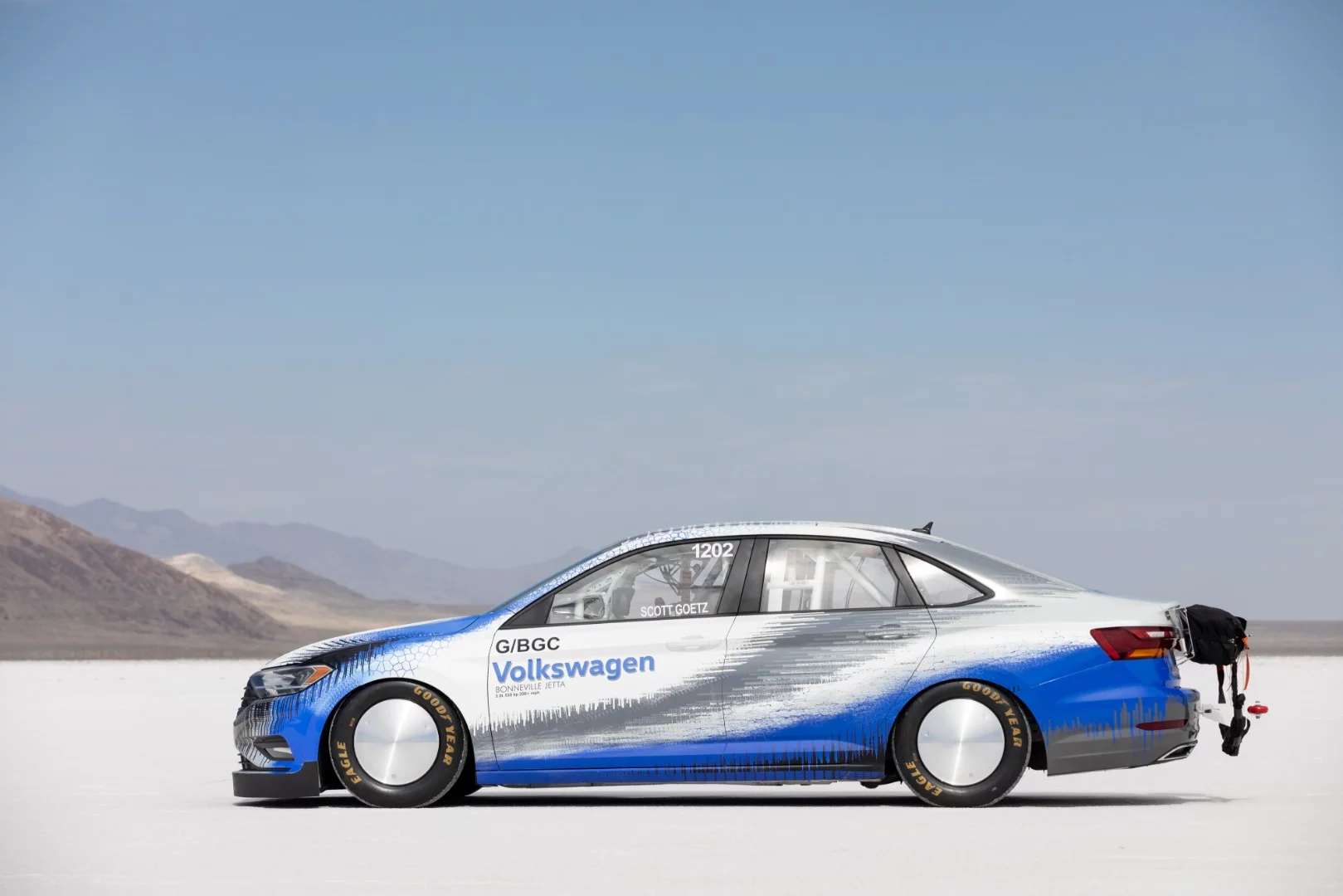 Salt flats veteran racer Scott Goetz brought a modified VW Jetta to a record track speed of 210.16 mph (338.15 km/h)