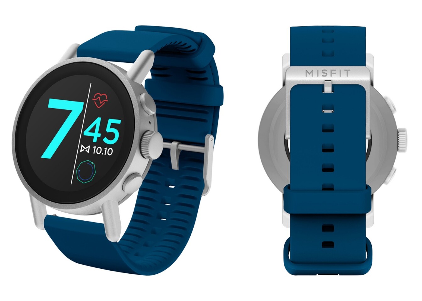 The Misfit Vapor X is available in a black case with a black strap, rose case with a white strap, gunmetal case with a green strap, stainless grey case with a navy strap (shown), and "champagne" case with a lavender strap
