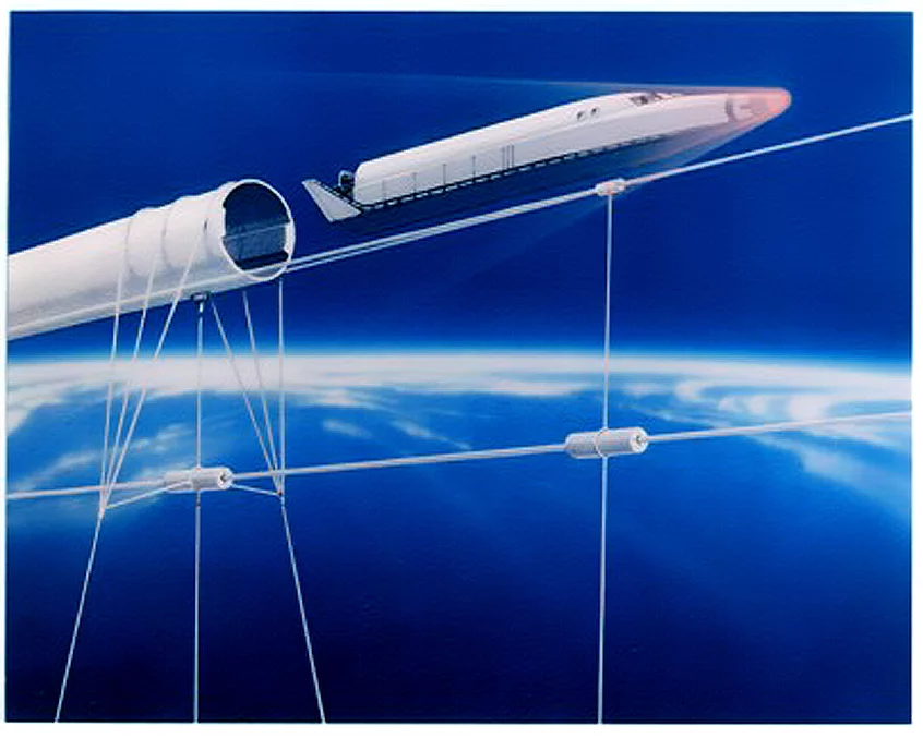 A spacecraft emerging from the Startram magnetically levitated launch system