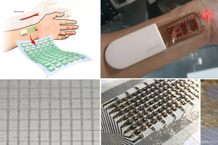 Samsung says the research is the first in the industry to prove the commercialization potential of stretchable health-monitoring devicesTop row: the Samsung SAIT prototype health-monitoring wearable;Bottom row: The OLED array and electrodes are arranged in an island structure to relieve stress during a stretch