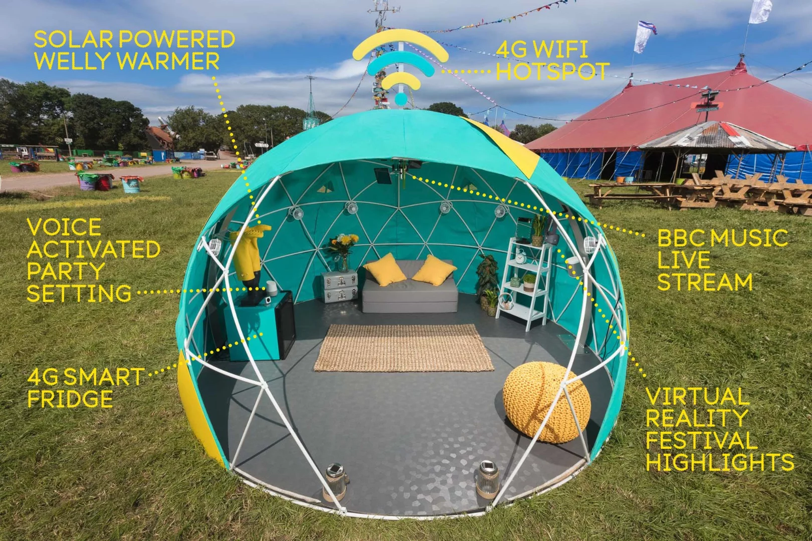 The 4GEE Smart Tent will be partly solar-powered, to run things like a kettle, fans and a boot warmer