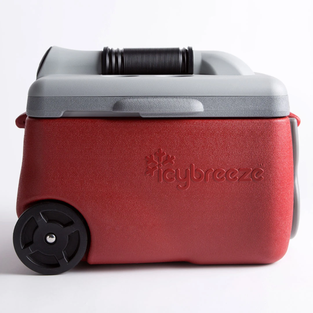 The 9-gallon (34 L), polyethylene cooler houses a rechargeable 12 V, 10 mAh battery
