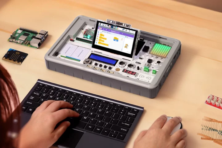 The CrowPi 3 is compatible with a number of small dev boards, and can be optioned with a wireless keyboard and mouse