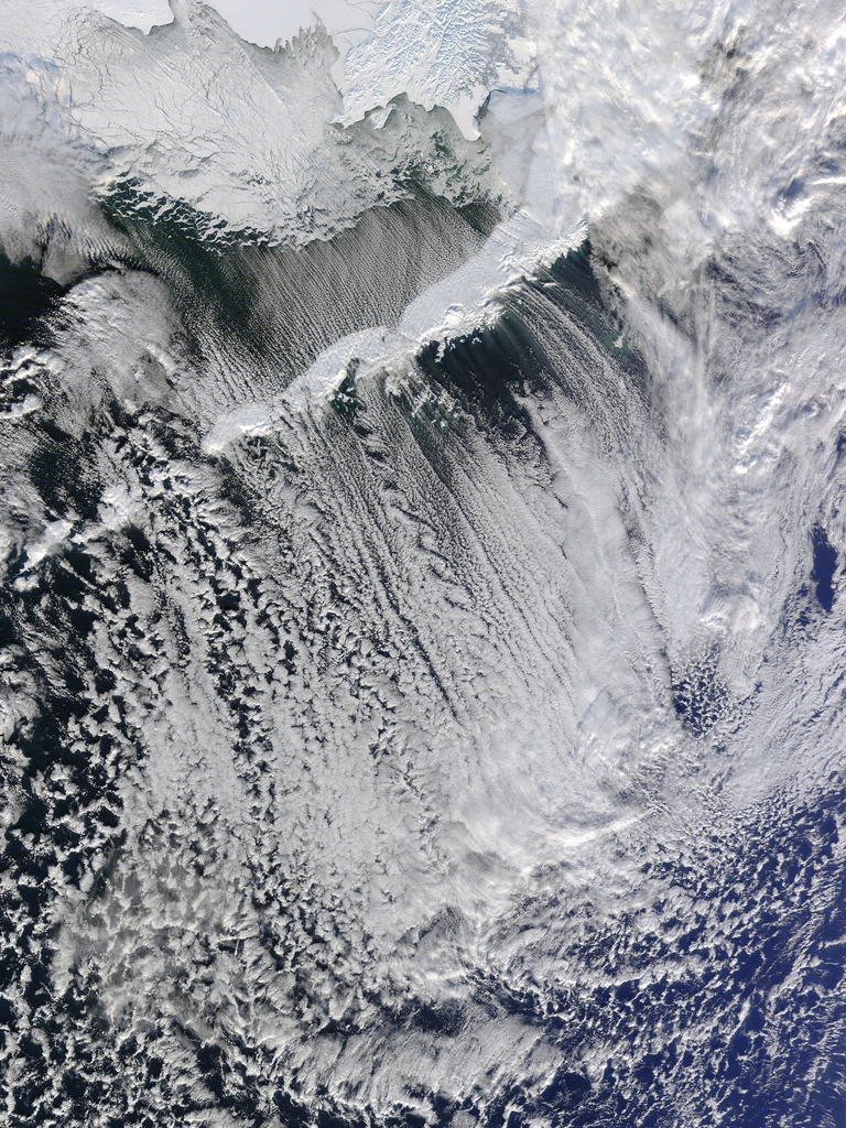 January 11, 2012: Cloud streets and vortices off the Aleutian Islands (Image: NASA/GSFC/Jeff Schmaltz/MODIS Land Rapid Response Team)