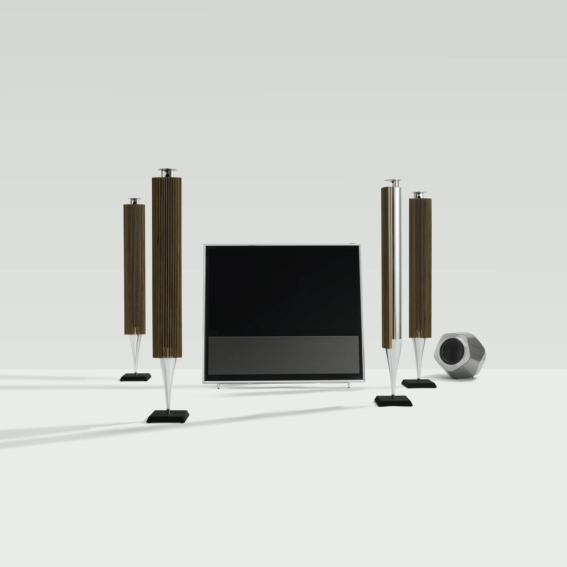 BeoLab 18 Immaculate Wireless Sound speakers with a BeoVision 11 TV and BeoLab 19 sub