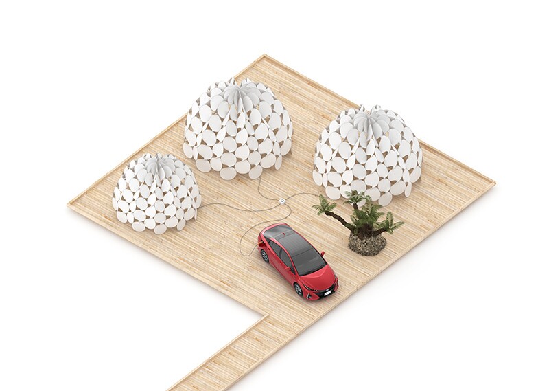 Grand Third Living Room, by Kengo Kuma and Toyota, seeks to do away with the house completely and replace it with a trio of tents powered by a hybrid car