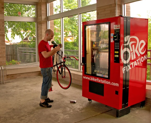 Cyclists can buy basic bike parts and other bike accessories - as well as a healthy snack or a thirst-quenching beverage