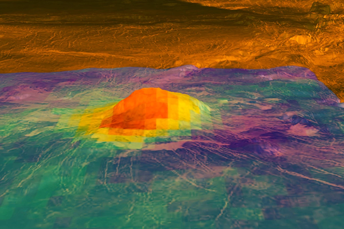 Colored overlay of a volcano on Venus shows the heat patterns derived from surface brightness data collected by the Visible and Infrared Thermal Imaging Spectrometer (VIRTIS), aboard the European Space Agency's Venus Express spacecraft