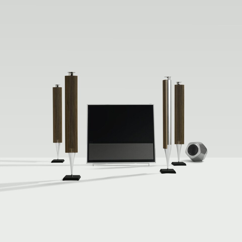 BeoLab 18 Immaculate Wireless Sound speakers with a BeoVision 11 TV and BeoLab 19 sub