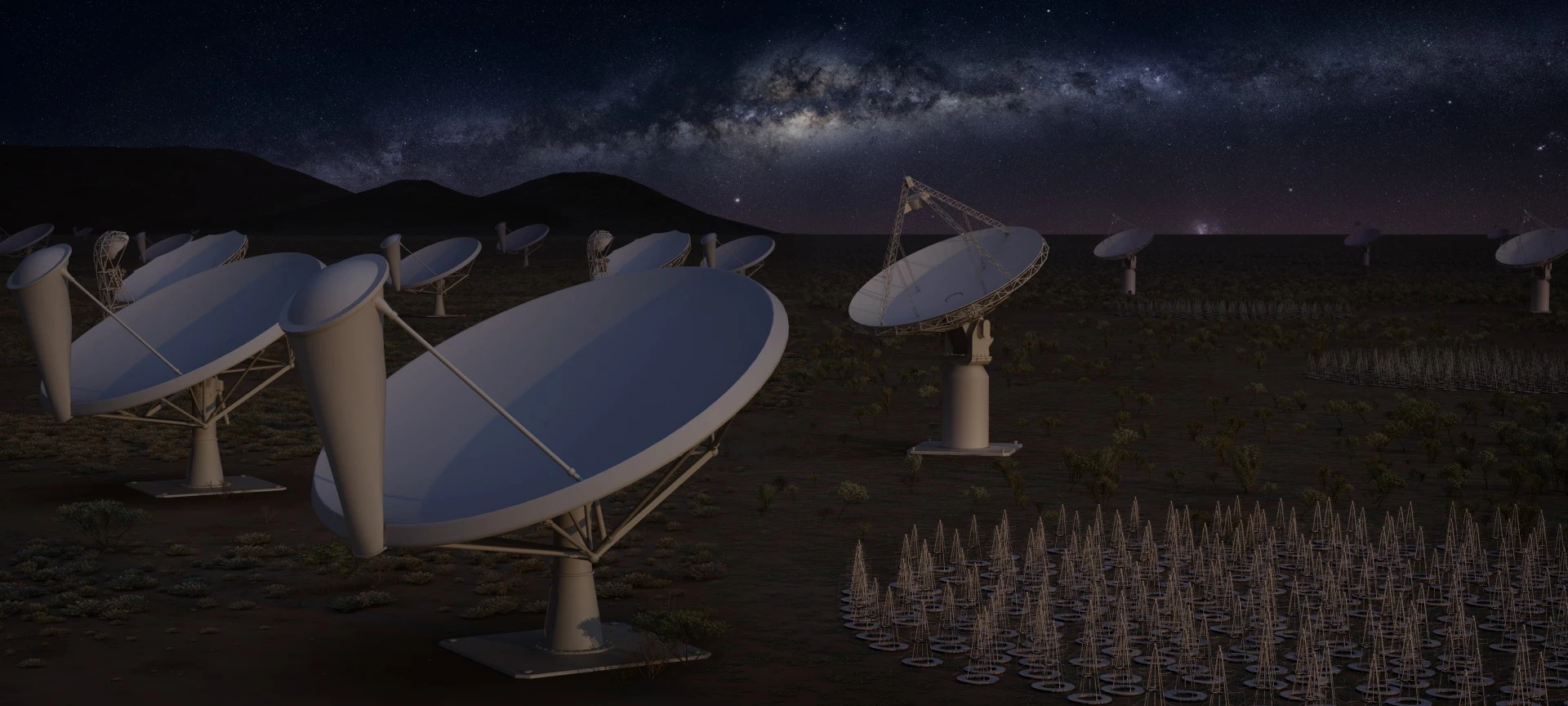 An artist's impression of Phase I of the Square Kilometre Array at night