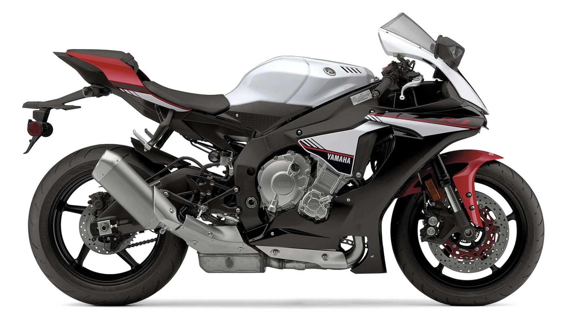 The Yamaha YZF-R1S in the Intensity White/Raven/Rapid Red color scheme