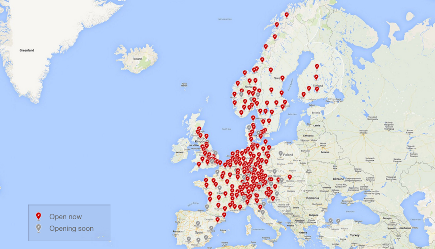 The Tesla Supercharger network in Europe - there are plans to expand the network to include the greyed out pins as well