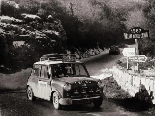 The Mini Cooper S that in 1967 won the 36th Monte Carlo Rally. The driver and navigator were Rauno Aaltonen (the "Flying Finn") and Henry Liddon. Picture drawn from the book entitled "MINI 1959-2005: the history, the models, the legend". Credit: with perm