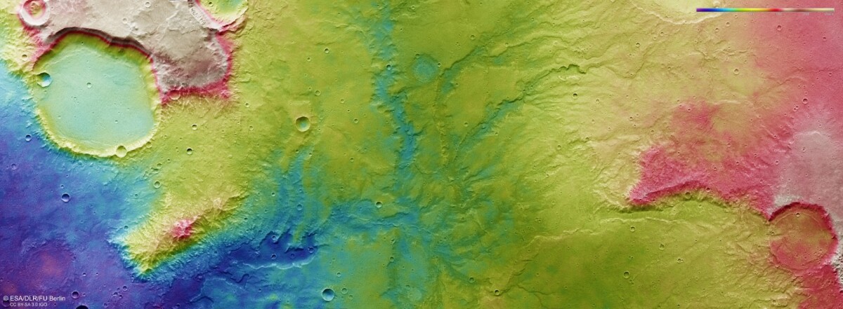 This topographic image shows how the water would have flowed downhill from north to south (right to left): red is the highest ground, turning yellow, green and blue the lower you go