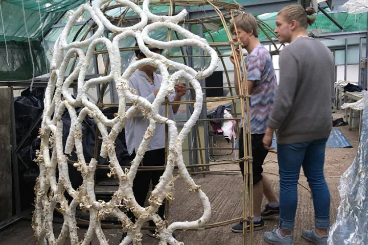 The mushroom sausages can be molded into desired shapes and assembled