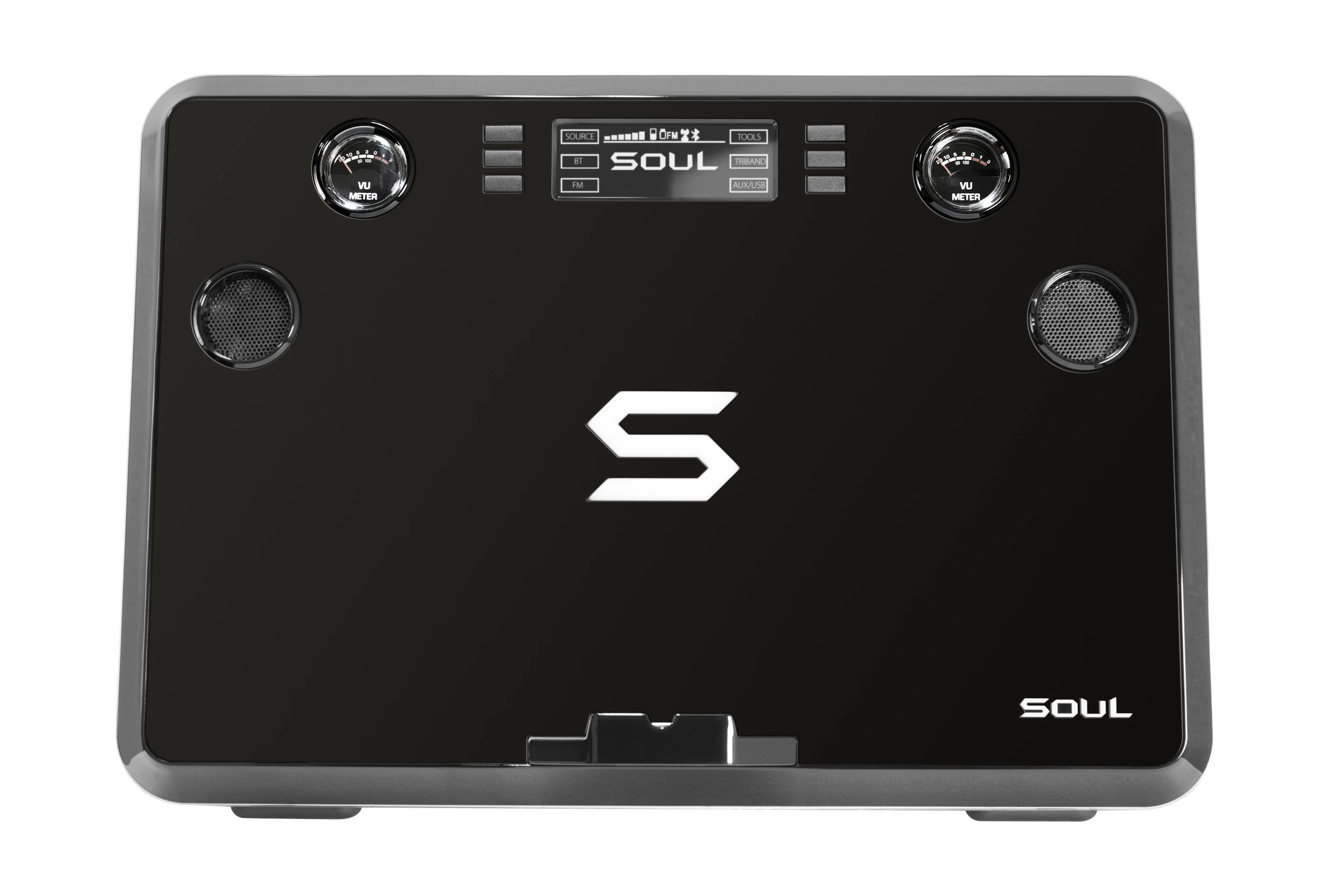 Analog VU meters on either side of the LCD display panel let party guests see exactly how much sonic oomph this baby is pumping out