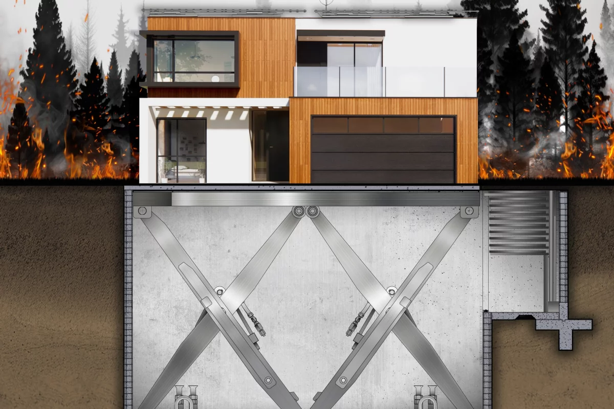 Each HiberTec Homes house can lower itself into a protective underground vault to hide from tornadoes and wildfires