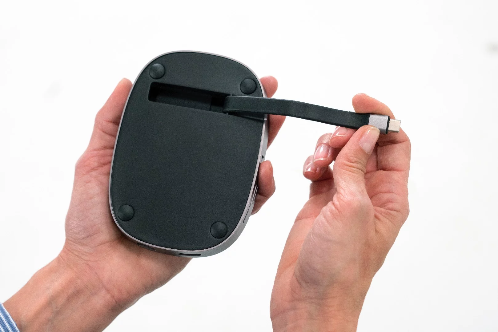 The USB-C cord is retractable