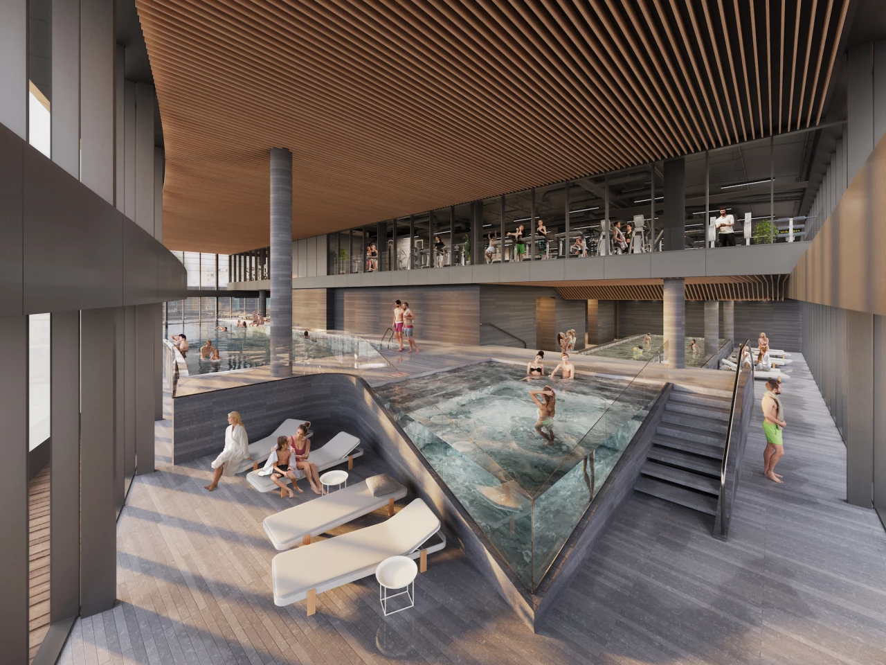 Business Stadium Central's uppermost floors will include public swimming pools, as well as saunas, steam rooms and sun decks