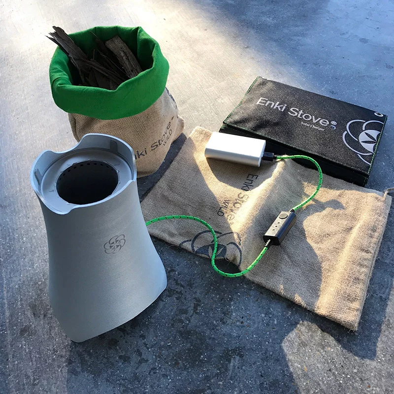Instead of a dual-burner gas stove or induction cooktop, Road Warrior offers lighter, more portable Enki fan-assisted biomass stoves