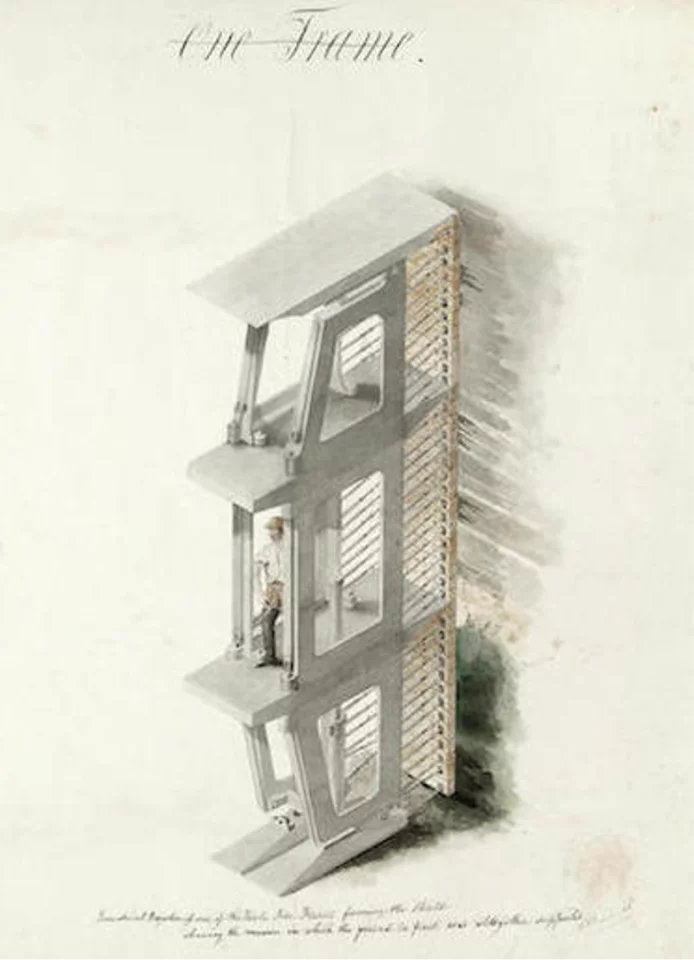 "Isometrical projection of one of the Twelve Iron Frames forming the Shield/ shewing the manner in which the ground in front was altogether supported"