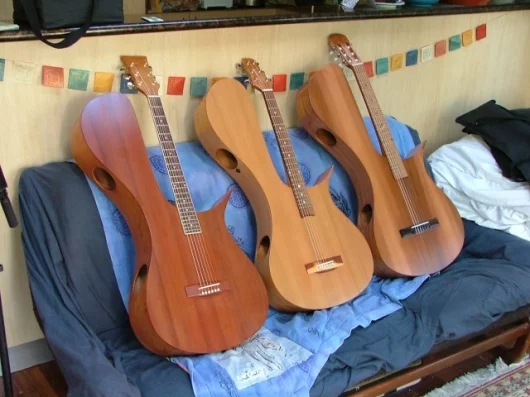 L-R: warm redwood, bright steel-string, nylon