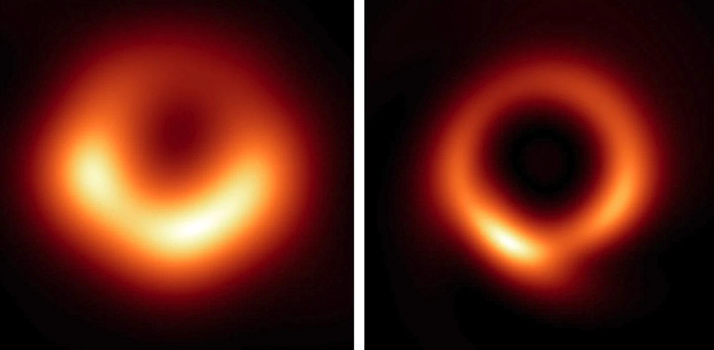 A side-by-side comparison of EHT's original 2019 image of M87's supermassive black hole (left) with the new, sharper, PRIMO-enhanced version (right)