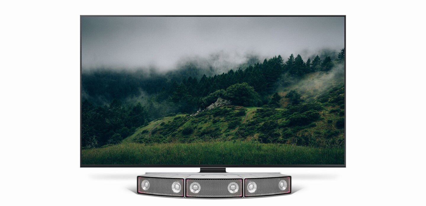 Three Soundots speakers working together to form a curved TV soundbar