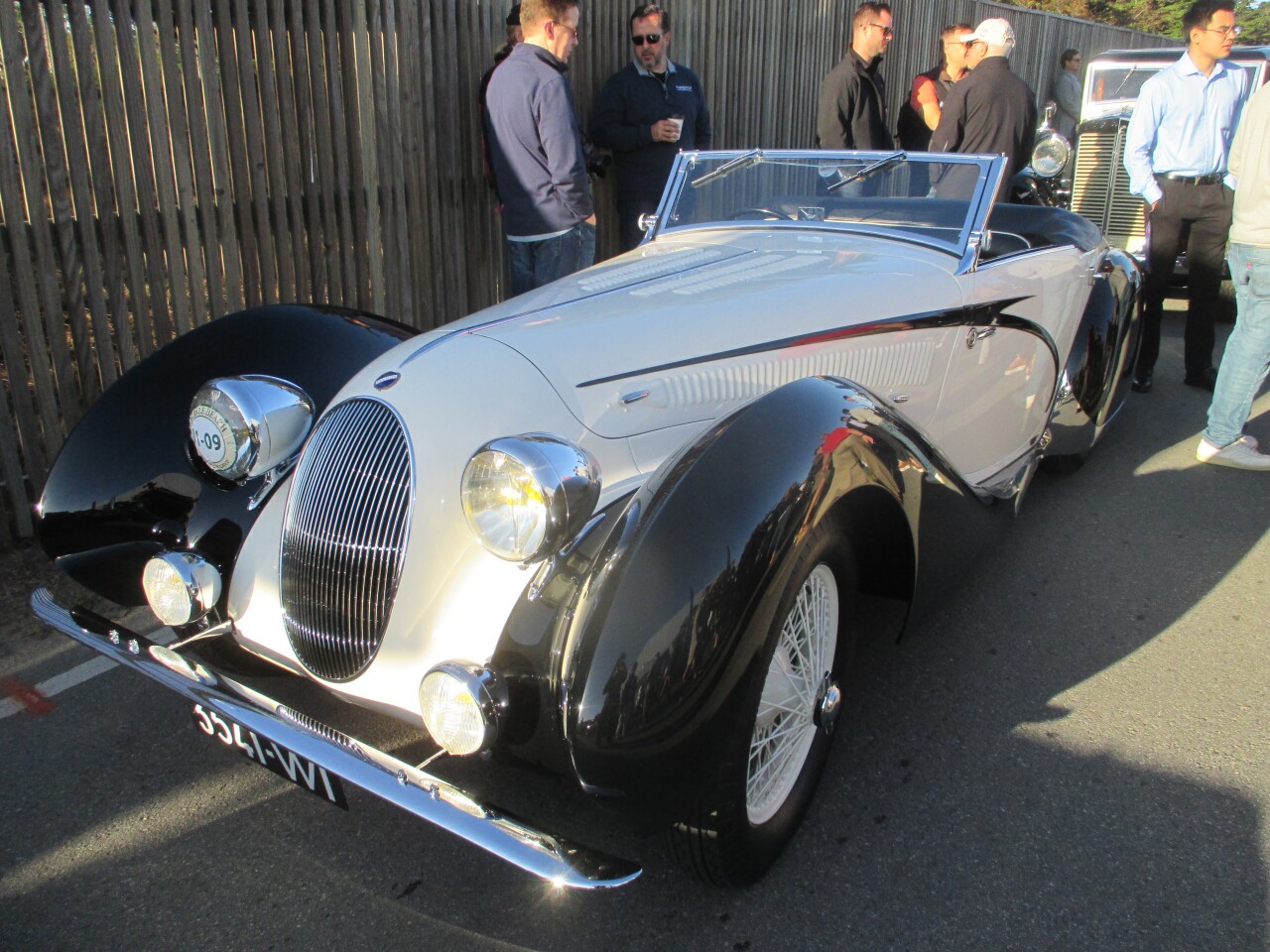 One of the four finalists from which the Best of Show was chosen: the 1938 Talbot-Lago T150C-SS Figoni and Falaschi Teardrop Cabriolet, winner of the European Classic Open (Class J-1) owned by Richard & Melanie Lundquist of Palos Verdes Estates, California. The Talbot-Lago is pictured during the Tour D'Elegance.