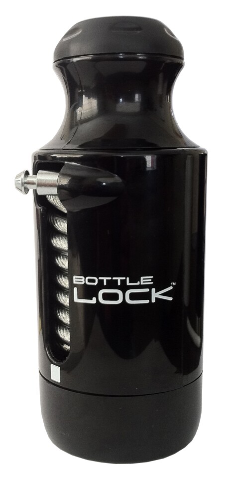 The Kuat Racks Bottle Lock is a bike lock that has the form of a water bottle