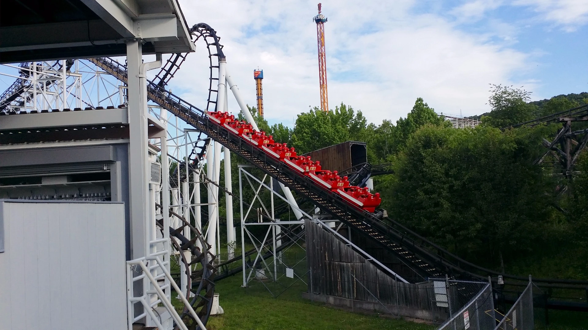 While this looks like a coaster heading up a track, it's really a fighter jet getting ready to launch