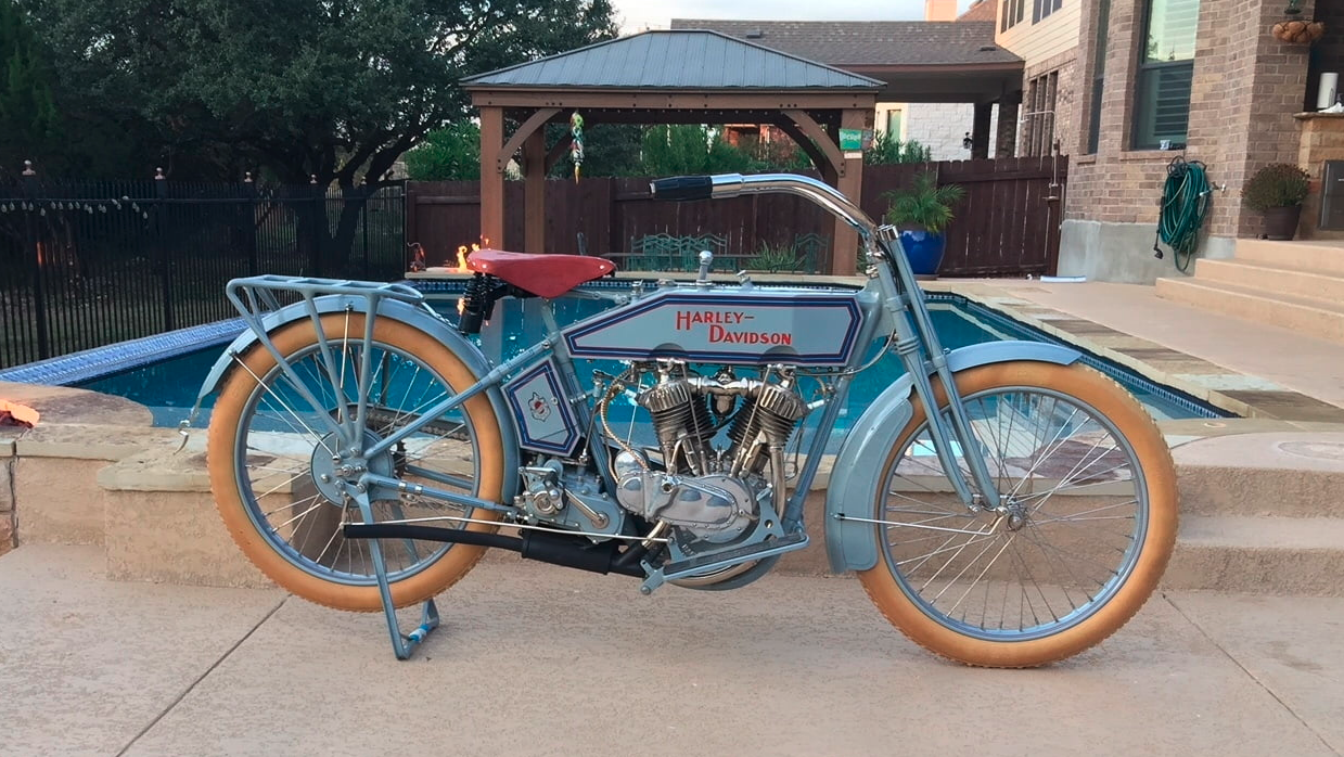 The 1915 Harley-Davidson Model 11 twin 3-speeder has long been a favorite of antique motorcycle collectors, being one of few machines of the pre-1916 era with a proper gearbox. This bike might well have sold for more than the $71,500 it fetched as apart from a recent and stunning restoration, it won the Motorcycle Cannonball Endurance Rally winner before it was restored. The Cannonball is considered the ultimate old-bike test, so ... a fabulous machine with a modern provenance.