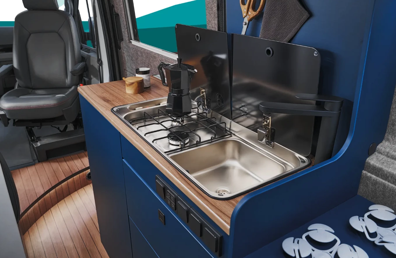 Combo dual-burner stove/sink at the galley