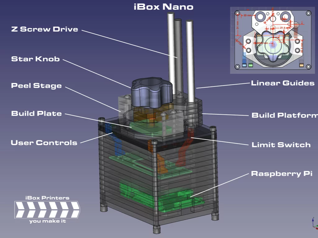 A diagram of the iBox Nano resin-based printer