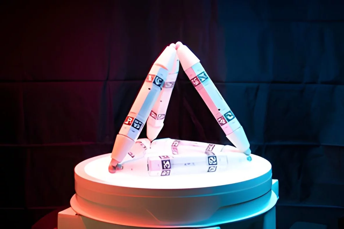 These simple Truss Link robots have self-assembled into a tetrahedron