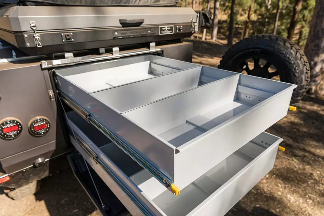 The rear of the Offtrax carries a large storage hatch that contains two drawers with adjustable organizers