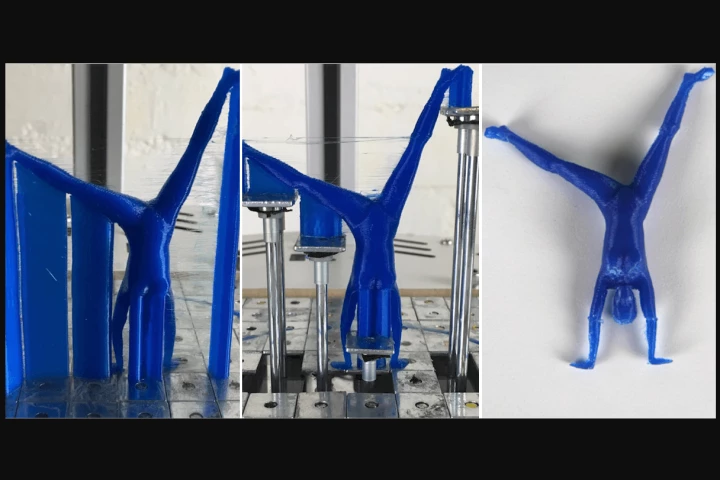 A 3D-printed human figure with the traditionally required supporting structures (left), as compared to one printed using the experimental new bed (center) and the finished product (right)