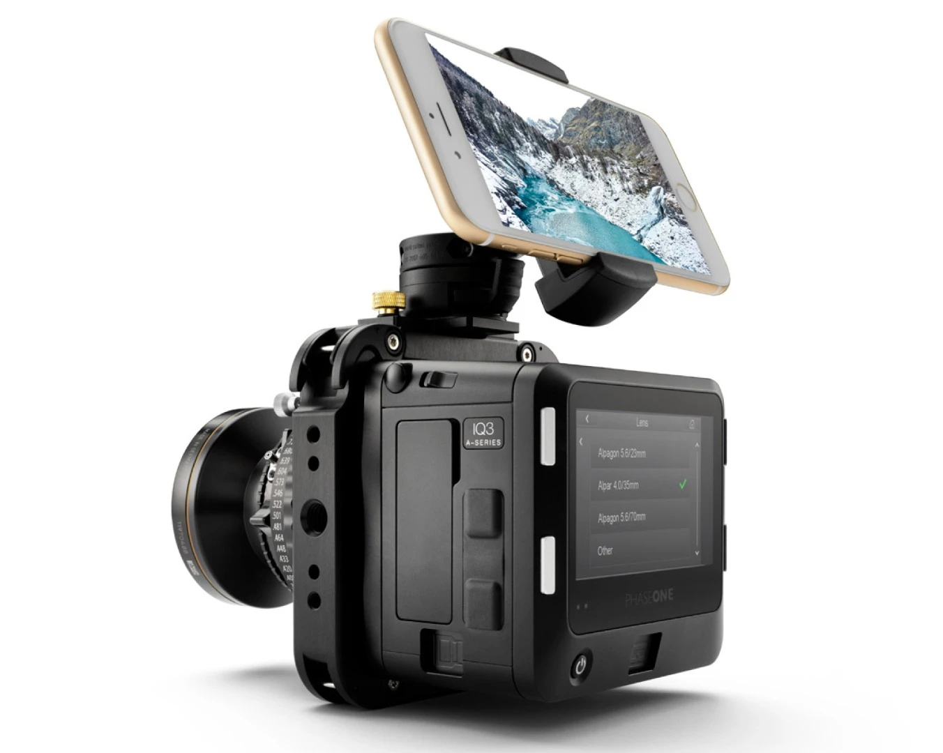 The Phase One A-series IQ3 100MP camera system comes with an ALPA smart device holder