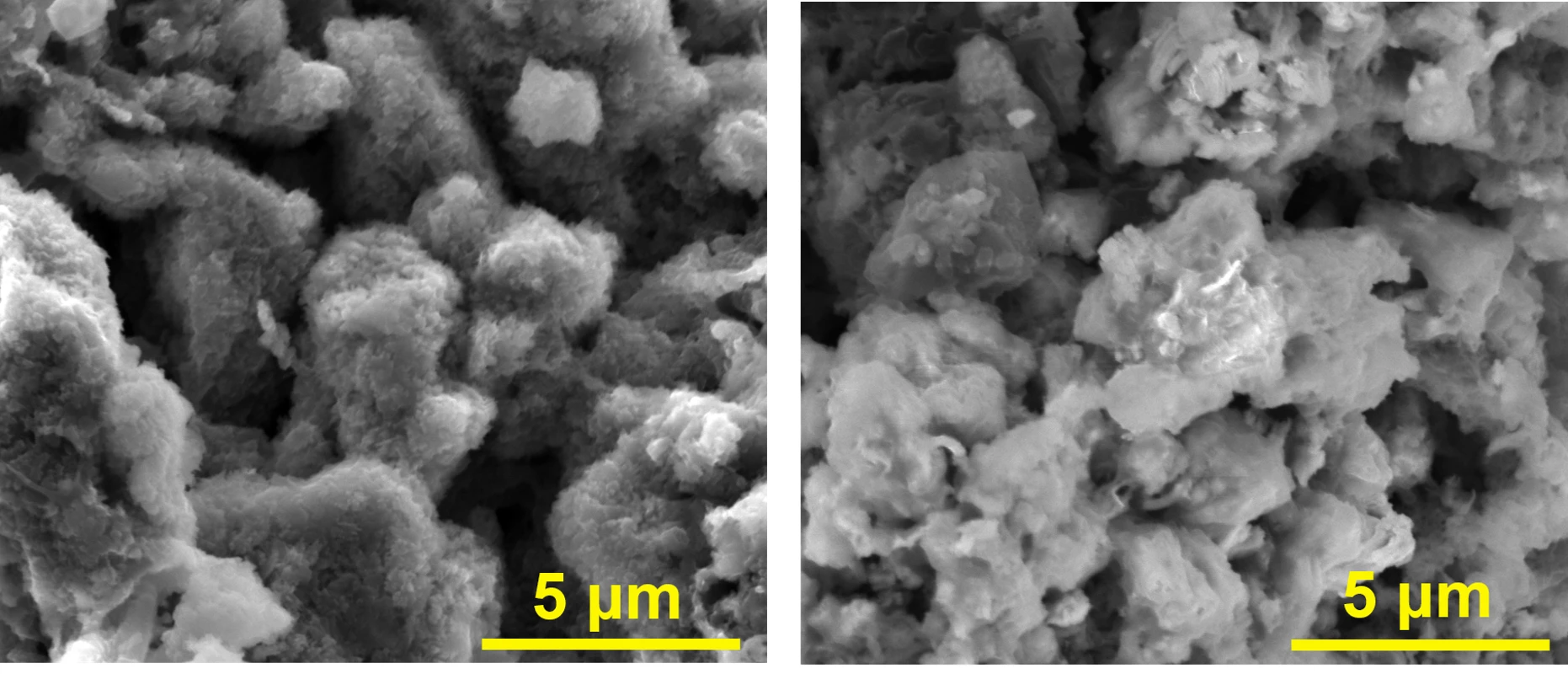 A scanning electron microscope of the new battery anode: left containing asphalt, graphene nanoribbons and lithium, while the right image only contains the asphalt and graphene