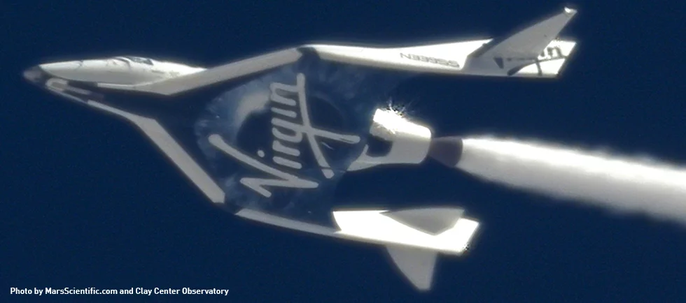 SpaceShipTwo producing an oxidizer contrail in a "Cold Flow" test flight (Photo: MarsScientific.com and Clay Center Observatory)
