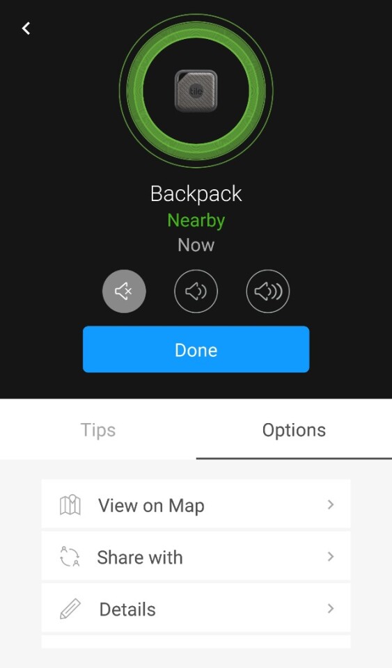 If the Tile Sport's audible alarm isn't practical, a visual guide mode uses green circles to show whether you're getting "warmer or cooler" from the object