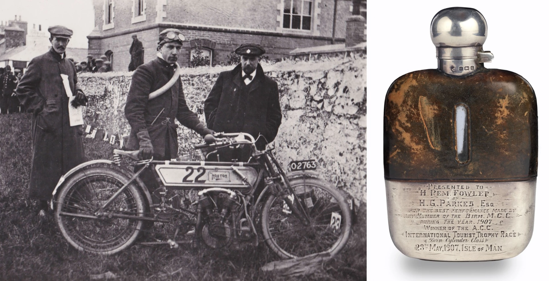 Regarded as the single most important piece of Isle of Man TT memorabilia, this silver hip flask was awarded to H 'Rem' Fowler for winning the inaugural 1907 International Tourist Trophy Twin-cylinder Class at the Isle of Man in 1907. Auction Description