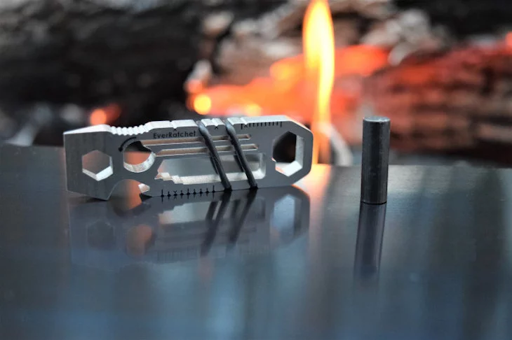 The EverRatchet multitool is available in stainless steel or titanium, weighing 20 g and 12 g (0.7 and 0.4 oz) respectively