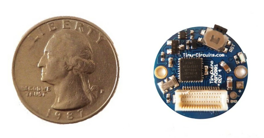 TinyDuino is smaller than a U.S. quarter, measuring 20 x 20 mm (0.78 x 0.78 inches)