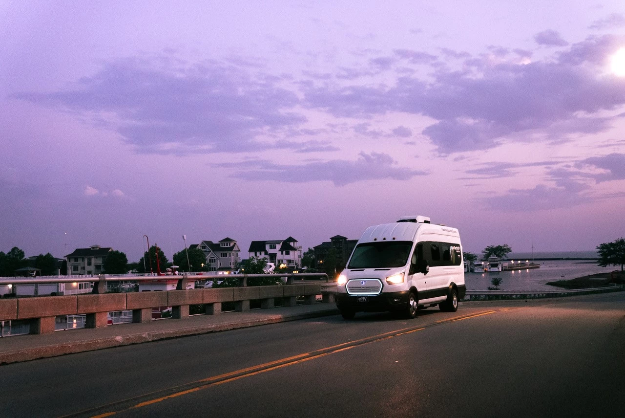 Winnebago e-RV drives through New Buffalo, Michigan