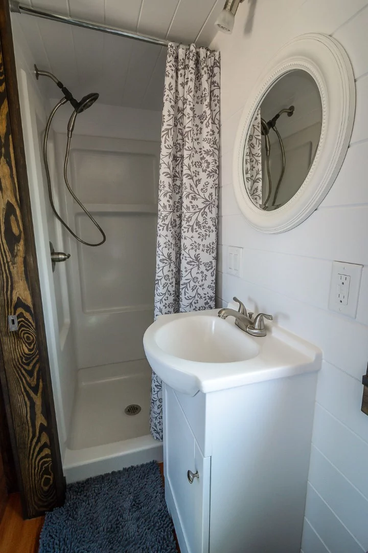 The bathroom sink and shower