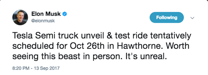 Elon Musk talks up the Tesla Semi on Twitter