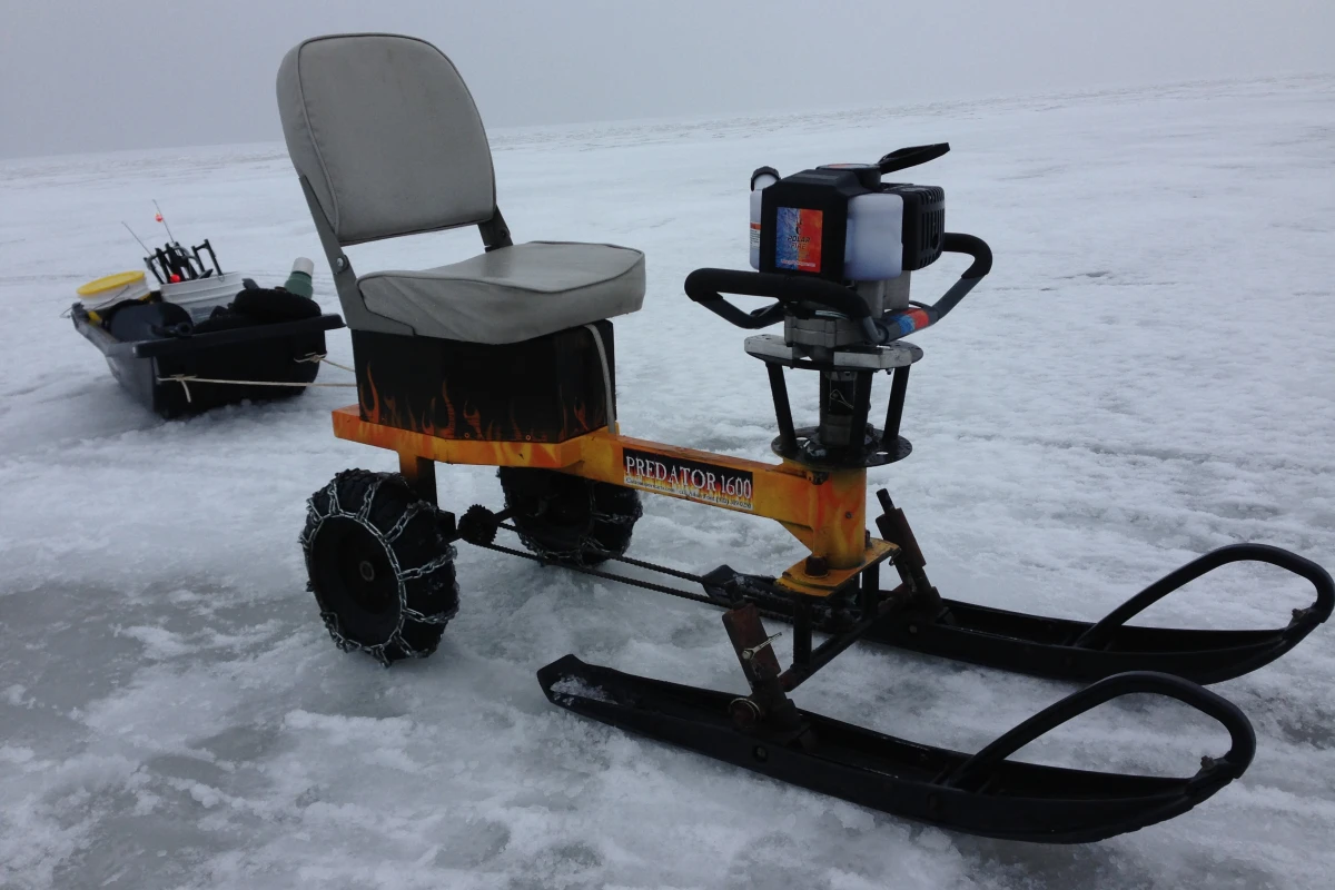 The Ice Auger Machine, set up with snowmobile skis