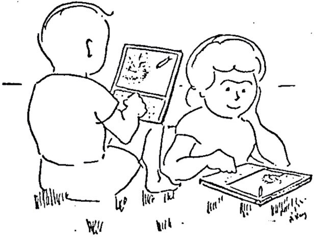 Original illustration by Alan Kay showing children using the Dynabook to learn about orbital dynamics